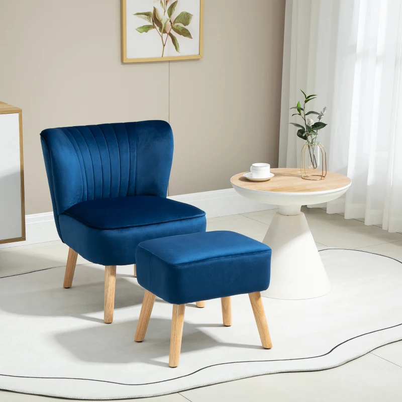 HOMCOM Velvet Accent Chair Occasional Tub Seat Padding Curved Back w/ Ottoman Wood Frame Legs Home Furniture, Dark Blue