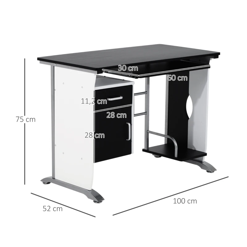 HOMCOM Mesa para Computador com Gaveta Armário e Suporte para CPU Secretária para Escritório 100x52x75cm  Preto e Branco