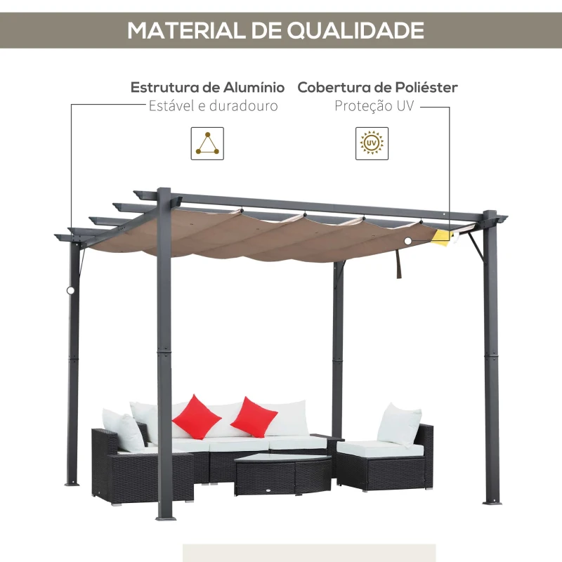 Outsunny Pérgola de Jardim com Toldo de Poliéster Retrátil e Estrutura de Alumínio para Exterior Pátio 3x3 m Cinza e Marrom