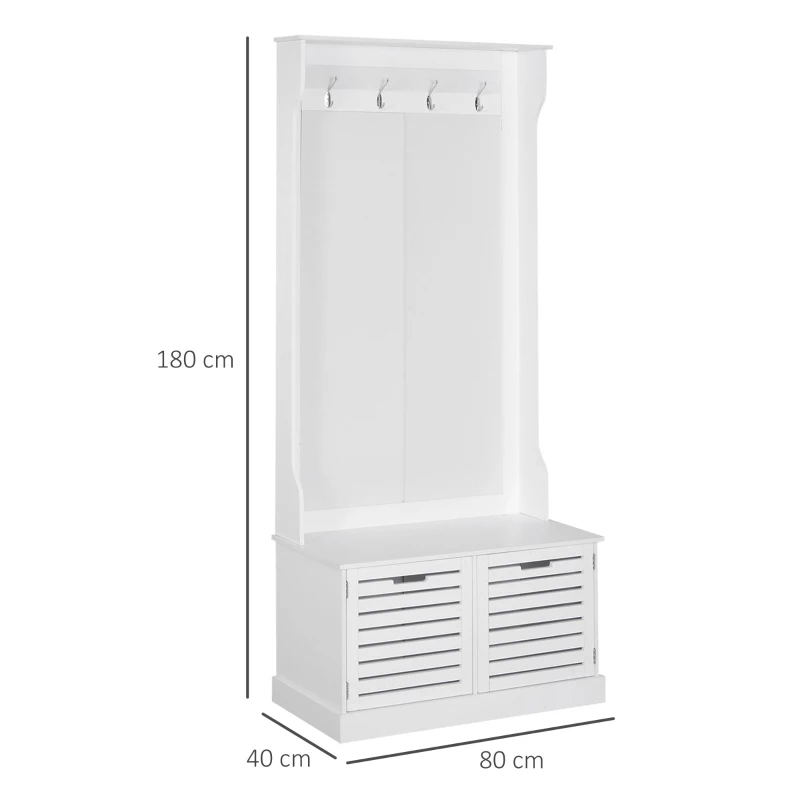 HOMCOM Banco con Perchero Mueble Recibidor Colgador Pasillo con Asiento Armario de Almacenamiento 4 Ganchos 80x40x180cm Blanco Carga 100kg