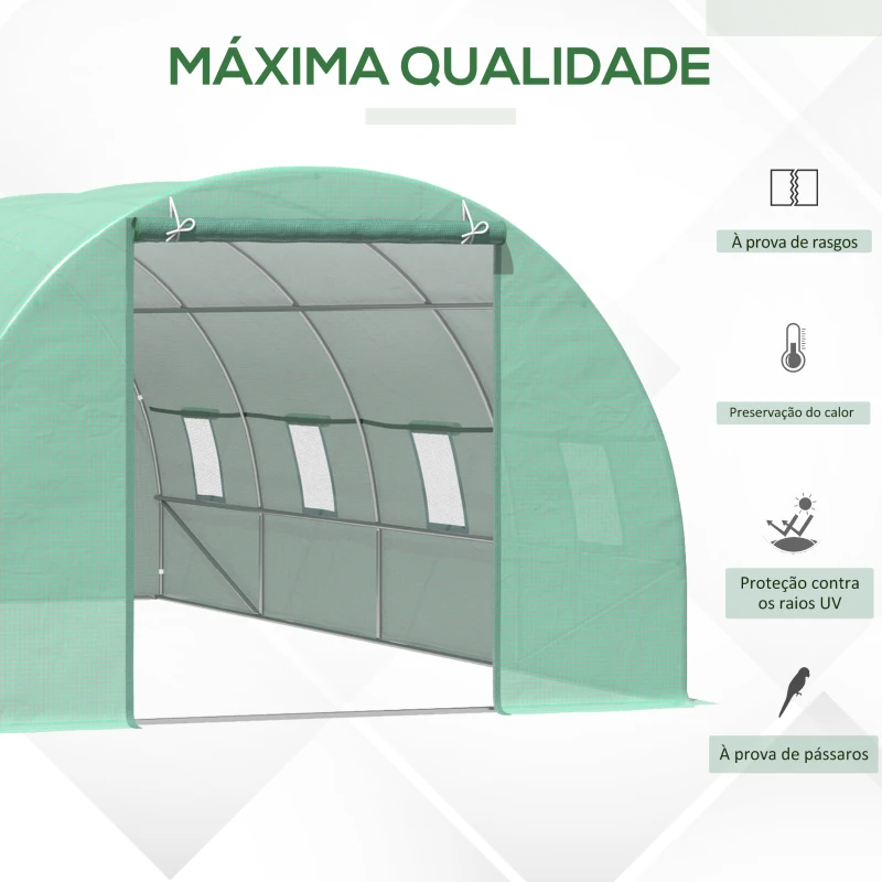 Outsunny Estufa Tipo Túnel 590x300x200cm com Porta Enrolável 8 Janelas Cobertura de PE 140g/m² e Tubo de Aço para Cultivos de Plantas Verduras Verde