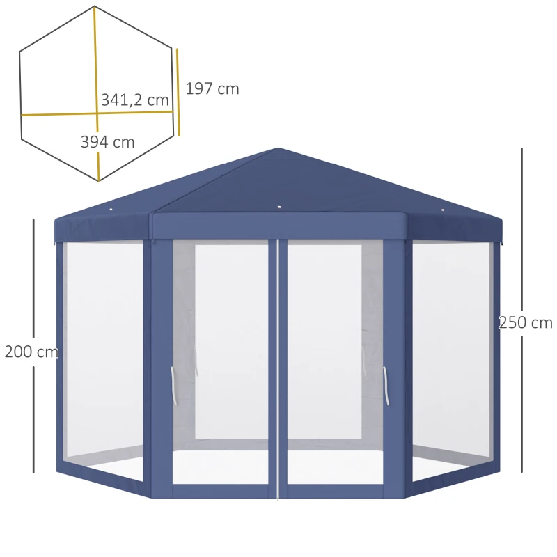 Outsunny Tenda Hexagonal Tenda de Jardim com Rede Mosquiteira Portas com Zíper e Orifícios de Drenagem 197x250 cm Azul