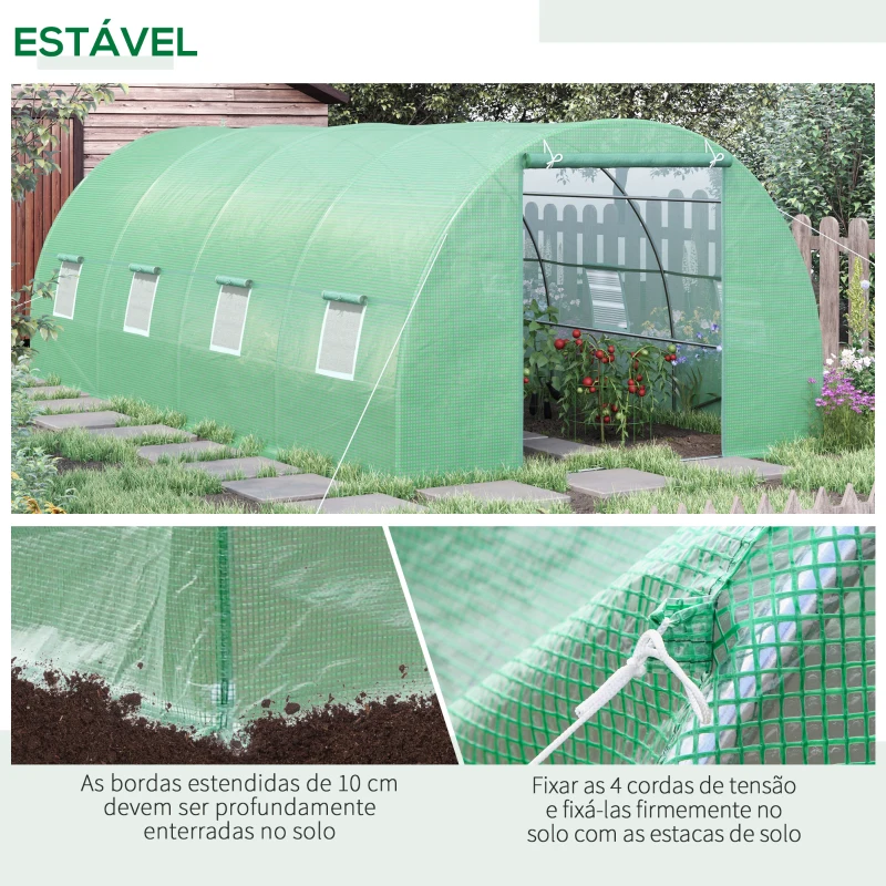 Outsunny Estufa Tipo Túnel 590x300x200cm com Porta Enrolável 8 Janelas Cobertura de PE 140g/m² e Tubo de Aço para Cultivos de Plantas Verduras Verde