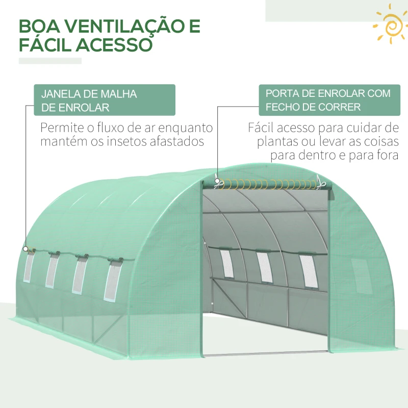 Outsunny Estufa Tipo Túnel 590x300x200cm com Porta Enrolável 8 Janelas Cobertura de PE 140g/m² e Tubo de Aço para Cultivos de Plantas Verduras Verde
