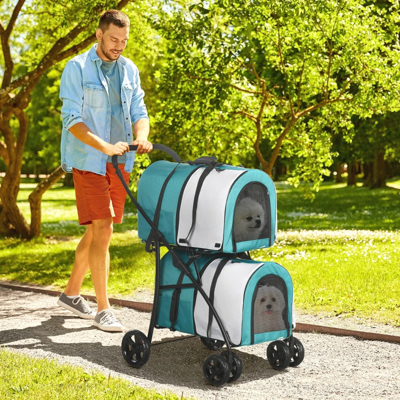 PawHut Cochecito Doble para Perros Gatos Plegable con 2 Transportines Extraíbles con Cinturón y Cojines 66x50x98cm Verde y Gris