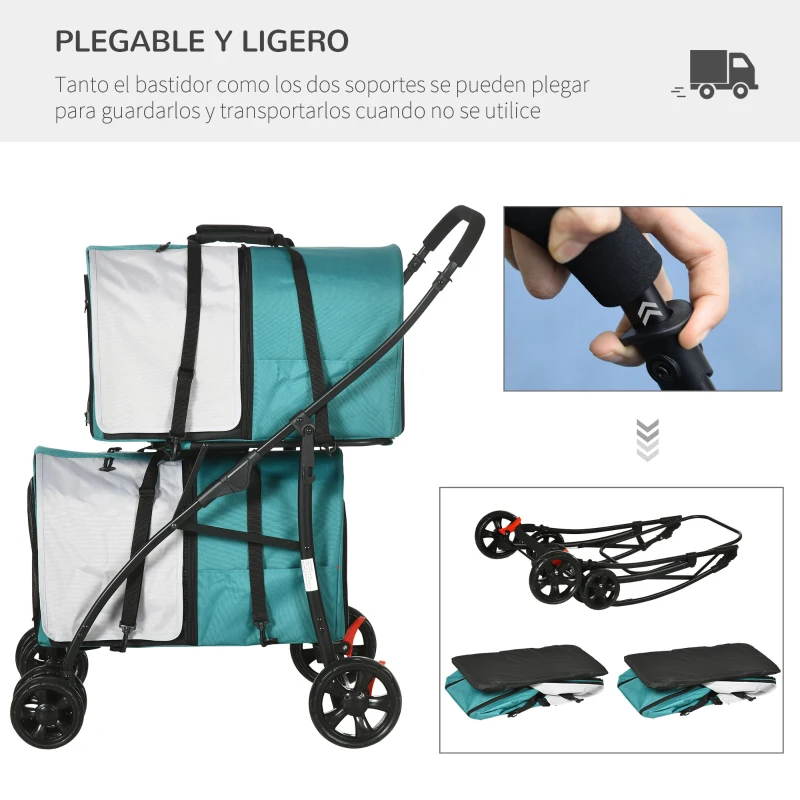 PawHut Cochecito Doble para Perros Gatos Plegable con 2 Transportines Extraíbles con Cinturón y Cojines 66x50x98cm Verde y Gris