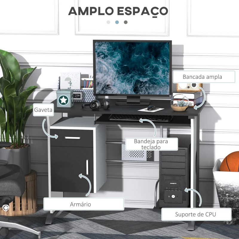HOMCOM Mesa para Computador com Gaveta Armário e Suporte para CPU Secretária para Escritório 100x52x75cm  Preto e Branco