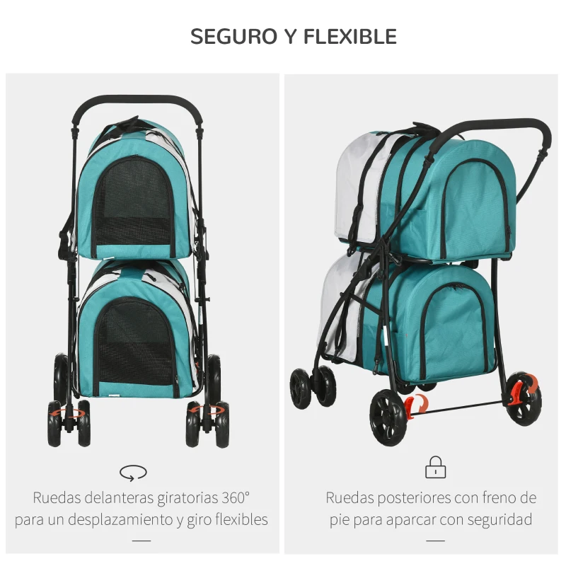 PawHut Cochecito Doble para Perros Gatos Plegable con 2 Transportines Extraíbles con Cinturón y Cojines 66x50x98cm Verde y Gris