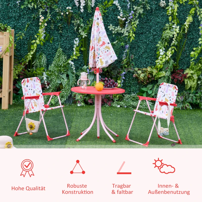Outsunny 4-delige kinderzitgroep tuintafel 2 klapstoelen parasol 3-5 jaar rood