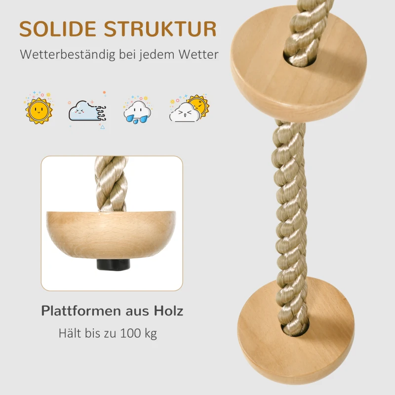Outsunny 2 m Kinder Kletterseil Kletterschaukel Schaukel Kletterseil für Kinder Baumklettern aus Holz mit Trittflächen für 3-14 Jahre Outdoor