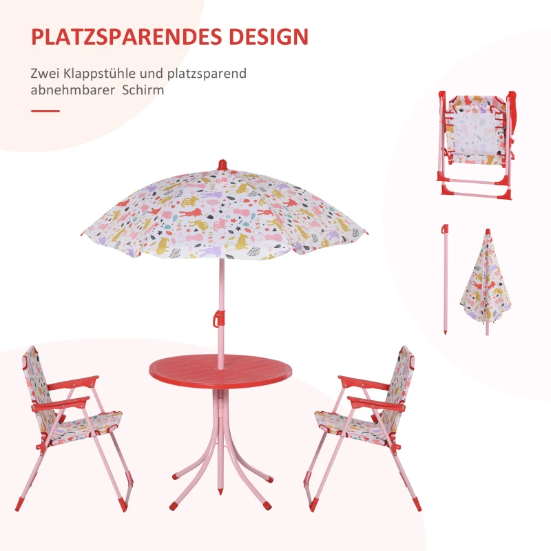 Outsunny 4-delige kinderzitgroep tuintafel 2 klapstoelen parasol 3-5 jaar rood
