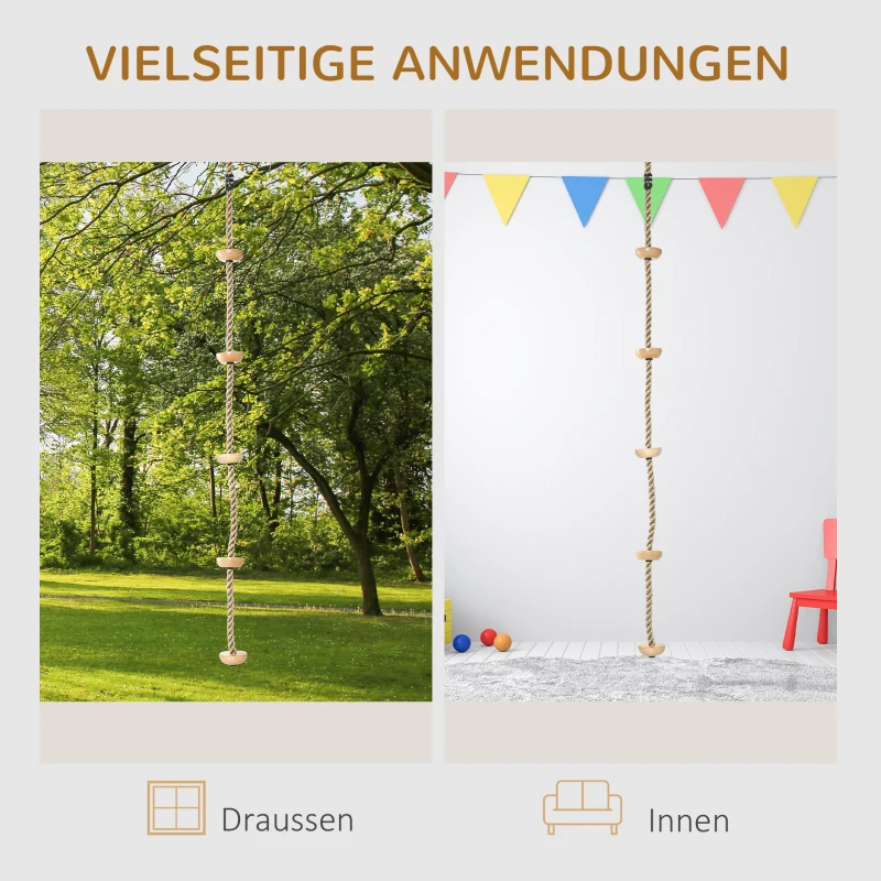 Outsunny 2 m Kinder Kletterseil Kletterschaukel Schaukel Kletterseil für Kinder Baumklettern aus Holz mit Trittflächen für 3-14 Jahre Outdoor