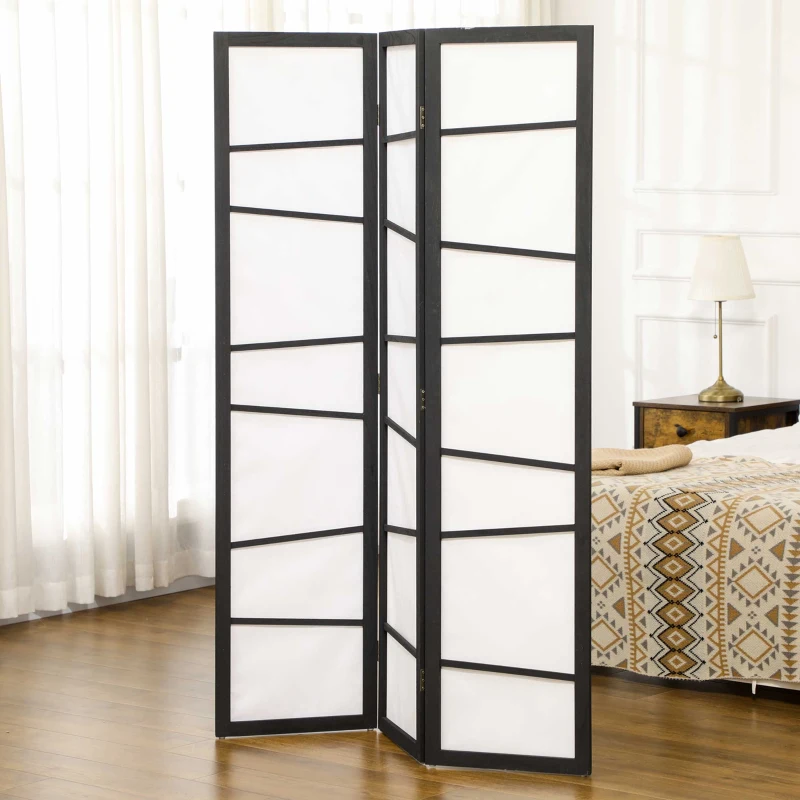 HOMCOM Biombo de 3 Painéis Separador de Ambientes Dobrável Divisória para Espaços de Madeira 120x170 cm Preto e Branco