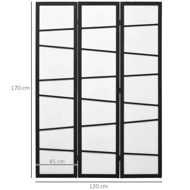 HOMCOM Biombo de 3 Painéis Separador de Ambientes Dobrável Divisória para Espaços de Madeira 120x170 cm Preto e Branco