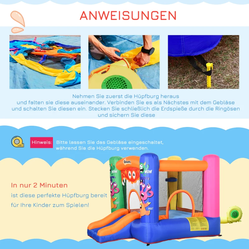 Outsunny opblaasbaar springkasteel met elektrische pomp voor 2 kinderen 250 x 180 x 175 cm