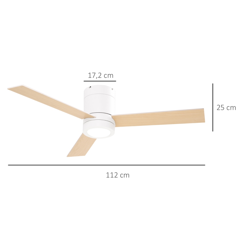 HOMCOM Ventoinha de Teto 48W com Luz LED Controle Remoto 3 Velocidades Temporizador 3 Lâminas de Madeira Ø112x25cm Branco
