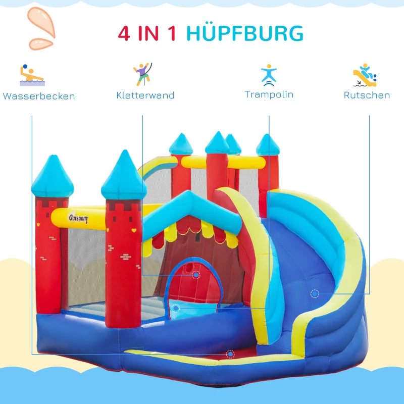 Outsunny Aufblasbare Hüpfburg Spielburg für Indoor & Outdoor Sprungbereich Bällebad mit Rutsche Wasserrutsche mit Transporttasche Flicken für Kinder ab 3 Jahre 290 x 270 x 230 cm