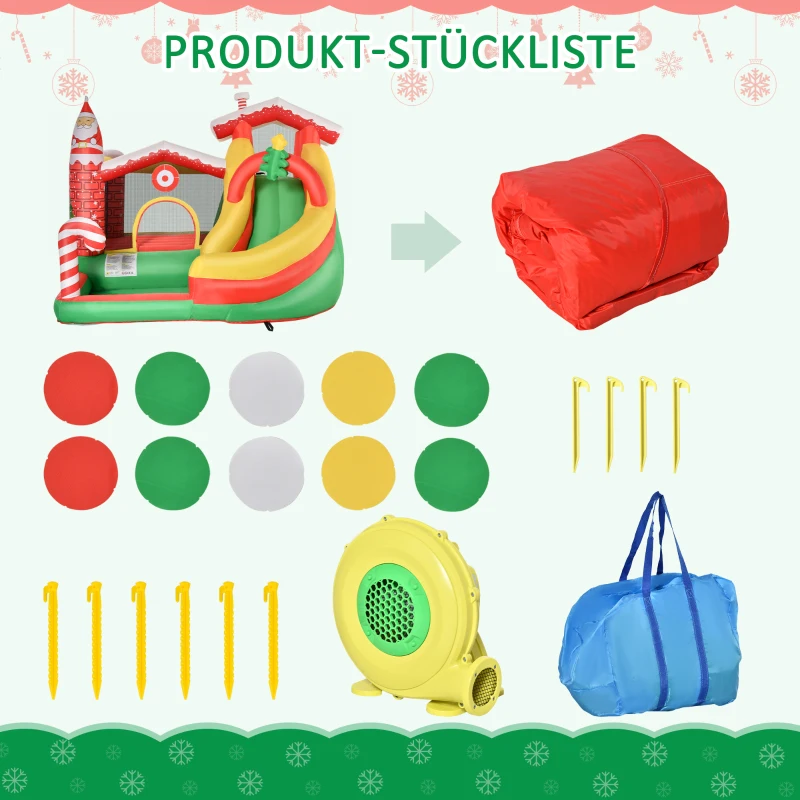 HOMCOM Hüpfburg mit Weihnachtsmotiv, selbstaufblasend, inkl. Gebläse, 290 cm x 280 cm x 220 cm, Gelb + Grün + Rot