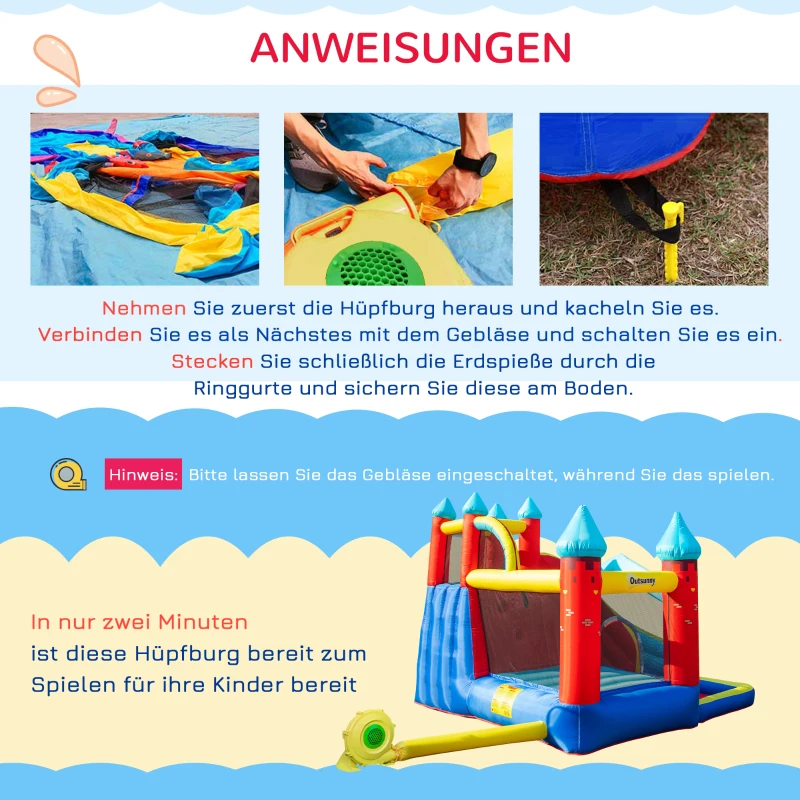 Outsunny Aufblasbare Hüpfburg Spielburg für Indoor & Outdoor Sprungbereich Bällebad mit Rutsche Wasserrutsche mit Transporttasche Flicken für Kinder ab 3 Jahre 290 x 270 x 230 cm