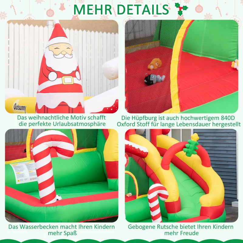 HOMCOM Hüpfburg mit Weihnachtsmotiv, selbstaufblasend, inkl. Gebläse, 290 cm x 280 cm x 220 cm, Gelb + Grün + Rot