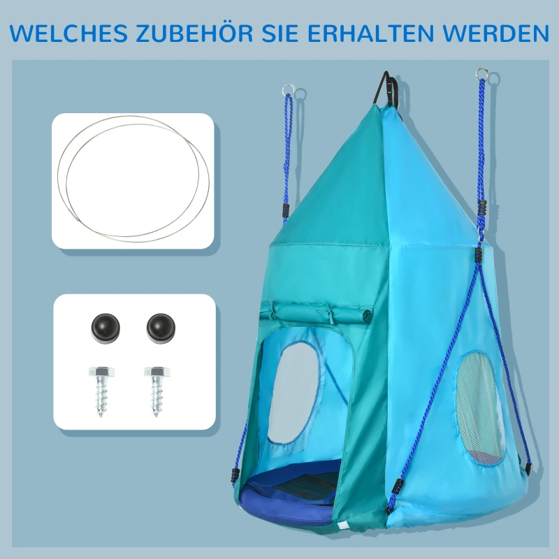 Outsunny Nest Schommel met Tent, Ø100 cm Kinderschommel, Tuinschommel, Teal