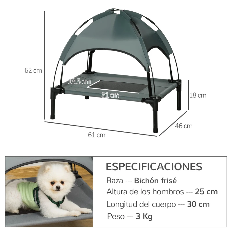 PawHut Cama Elevada para Mascotas con Toldo Extraíble Tela Transpirable al Aire Libre para Interior y Exterior 61x46x62 cm Gris