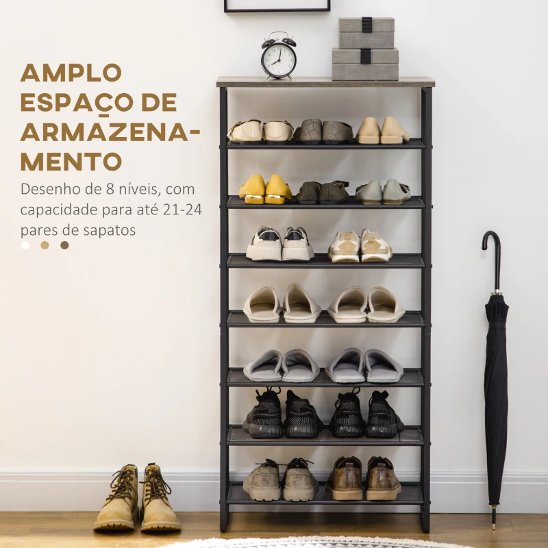 HOMCOM Estante Sapateira de 8 Níveis com Prateleiras de Grade para 21-24 Pares de Sapatos 60x28,5x126 cm Preto