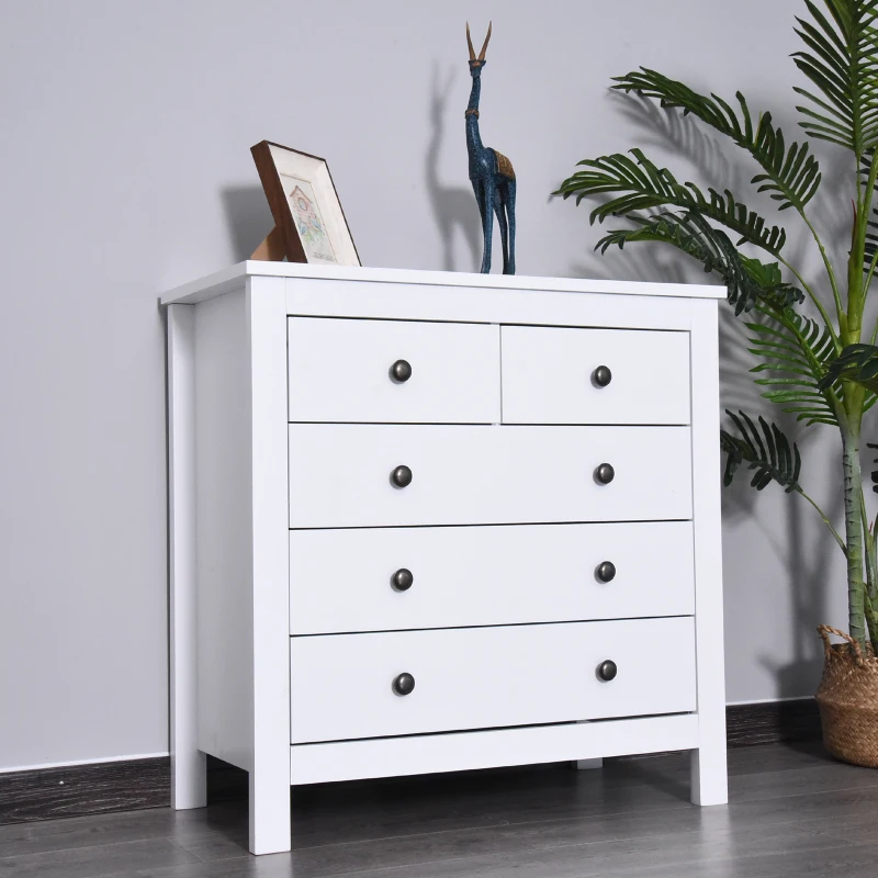 Cassettiera con 2 Cassetti Piccoli 3 Cassetti Grandi Piedi Rialzati Antiribaltamento Verniciata ad Acqua per Camera da Letto, Soggiorno, lo Studio MDF Bianco 79Lx39.5Px80.5Acm