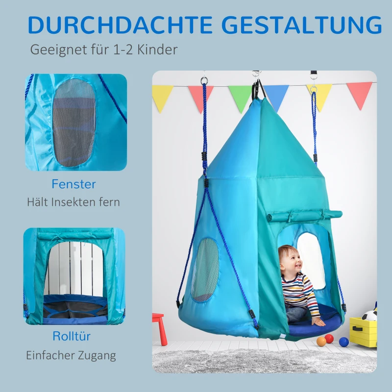 Outsunny Nest Schommel met Tent, Ø100 cm Kinderschommel, Tuinschommel, Teal