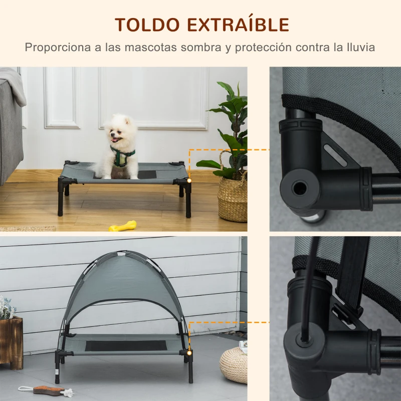 PawHut Cama Elevada para Mascotas con Toldo Extraíble Tela Transpirable al Aire Libre para Interior y Exterior 61x46x62 cm Gris