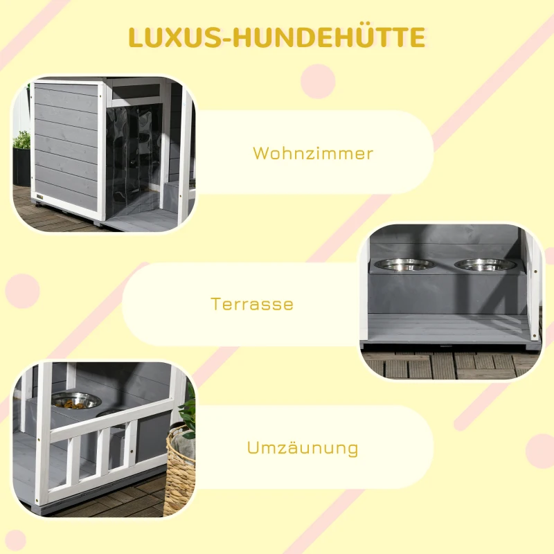 PawHut hondenhok, dennenhout, hondenhok, huisje voor kleine dieren met 2 voerbakken, buiten(m-7)