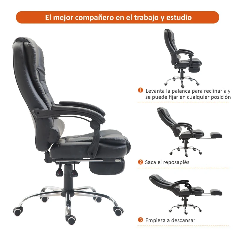 HOMCOM Silla Giratorio de Oficina y Escritorio Ergonómica Mecanismo de Inclinacón Respaldo Alto con Reposapiés PU Negro