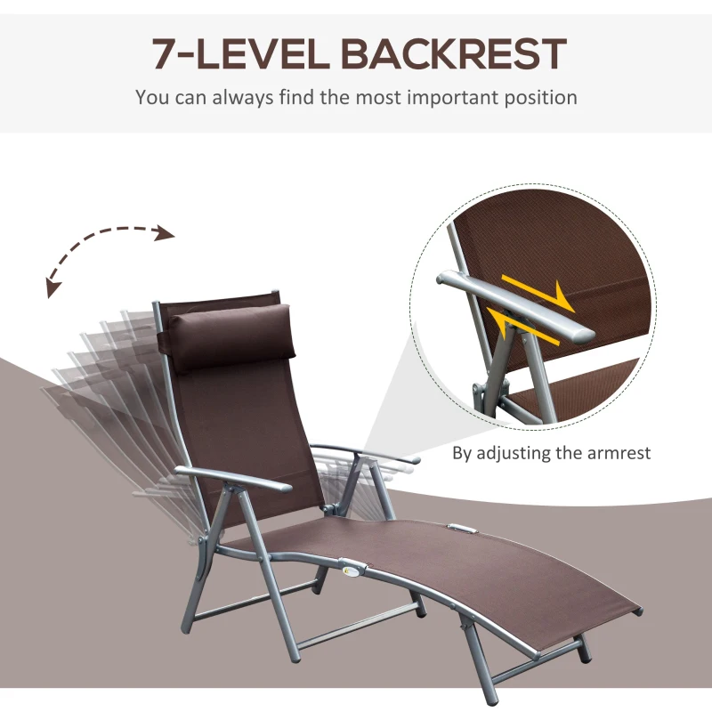 Outsunny Outdoor Metal Sun Lounger Reclining Chair with 7 Level Adjustable Backrest 115cm wide Textilene Seat for Patio Garden Balcony Brown