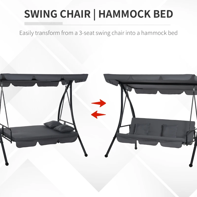 Outsunny 2-in-1 Patio Swing Chair 3 Seater Hammock Cushion Bed Tilt Canopy Garden Grey