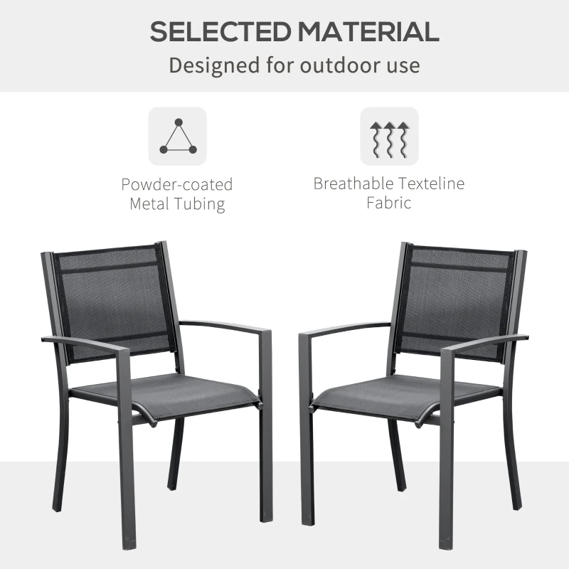 Outsunny Garden Chairs Set of 2, Outdoor Chairs with Steel Frame and Texteline Seats for Dining, Patio, Balcony - Dark Grey and Black(m-5)
