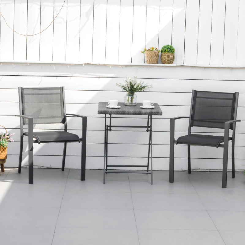 Outsunny Garden Chairs Set of 2, Outdoor Chairs with Steel Frame and Texteline Seats for Dining, Patio, Balcony - Dark Grey and Black(m-7)