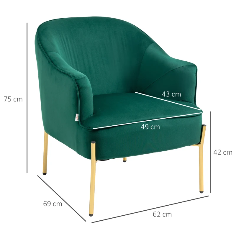 Fotoliu dormitor din material textil cu efect catifea HOMCOM cu picioare din otel auriu, 62x69x75 cm, verde