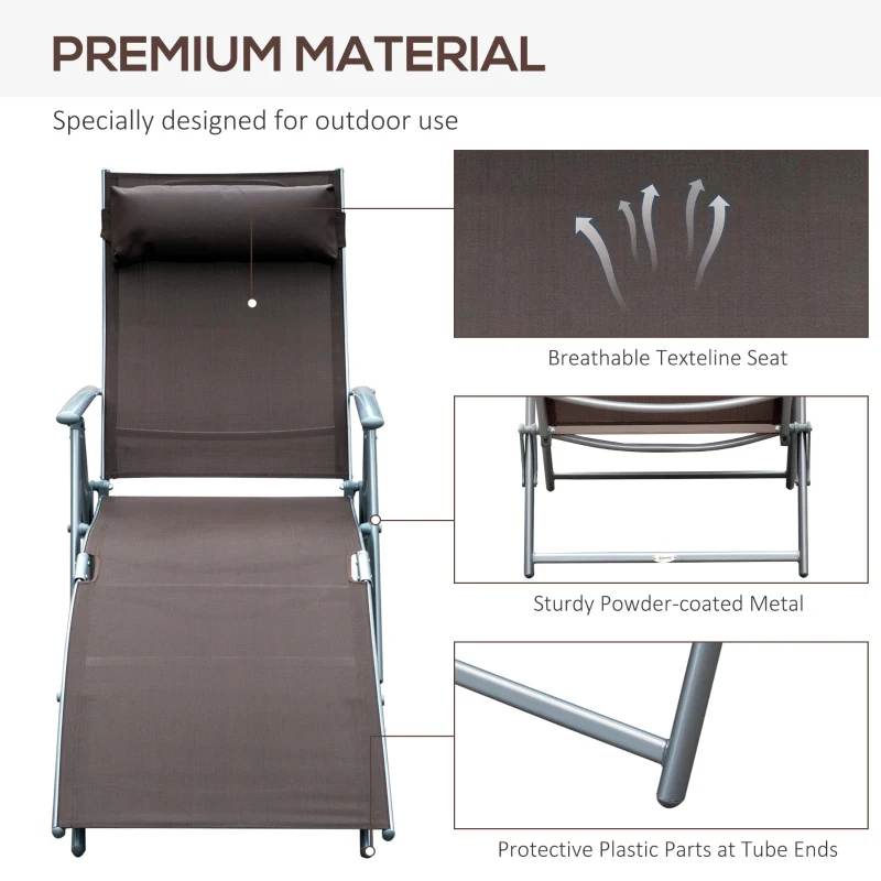 Outsunny Outdoor Metal Sun Lounger Reclining Chair with 7 Level Adjustable Backrest 115cm wide Textilene Seat for Patio Garden Balcony Brown