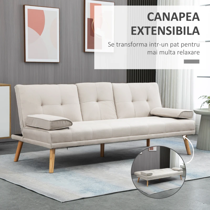 HOMCOM Canapea extensibila extensibila cu 3 locuri in stil scandinav, cu 2 cotiere detasabile si tapiterie cu efect de lenjerie si masuta de cafea cu foite, bej(m-4)