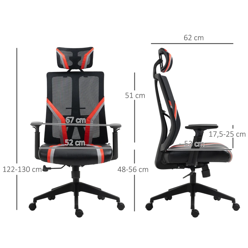 Vinsetto Fauteuil de bureau style gaming pivotant dossier hauteur réglable 67 x 62 x 122-130 cm noir et rouge