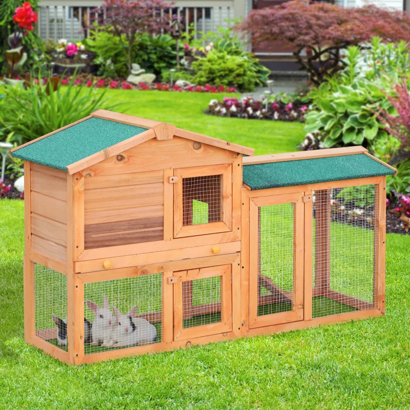 PawHut Rabbit 2 Tier Fir Wood Small Animal Hutch w/ Ramp Brown