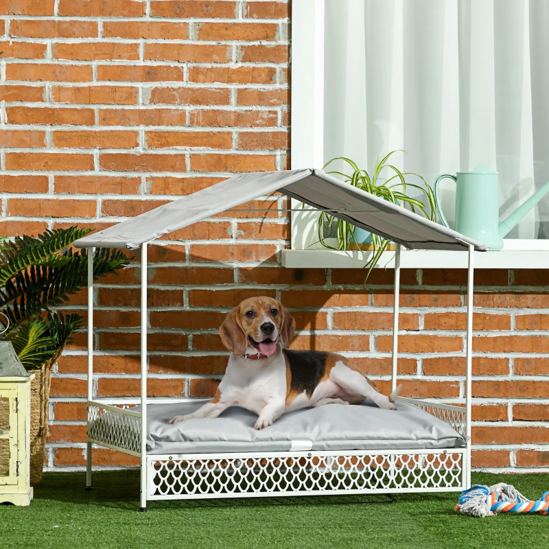 PawHut Dog Bed with Water-Resistant Sun Canopy, Elevated Dog Bed with Soft Cushion, for Indoors, Outdoors, Small, Medium Dogs