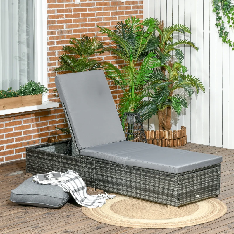 Outsunny Rattan Sun Lounger Adjustable Garden Furniture Recliner Bed Chair Reclining Patio Wicker, Grey