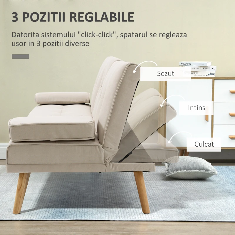 HOMCOM Canapea extensibila extensibila cu 3 locuri in stil scandinav, cu 2 cotiere detasabile si tapiterie cu efect de lenjerie si masuta de cafea cu foite, bej(m-5)