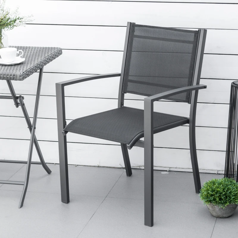 Outsunny Garden Chairs Set of 2, Outdoor Chairs with Steel Frame and Texteline Seats for Dining, Patio, Balcony - Dark Grey and Black(m-8)