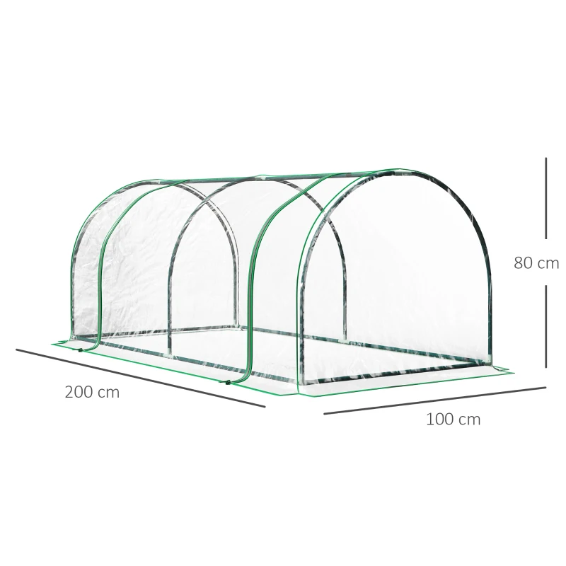 Sera Tunel Outsunny din Otel si cu Capac din PVC, 200x100x80 cm, Transparent si Verde