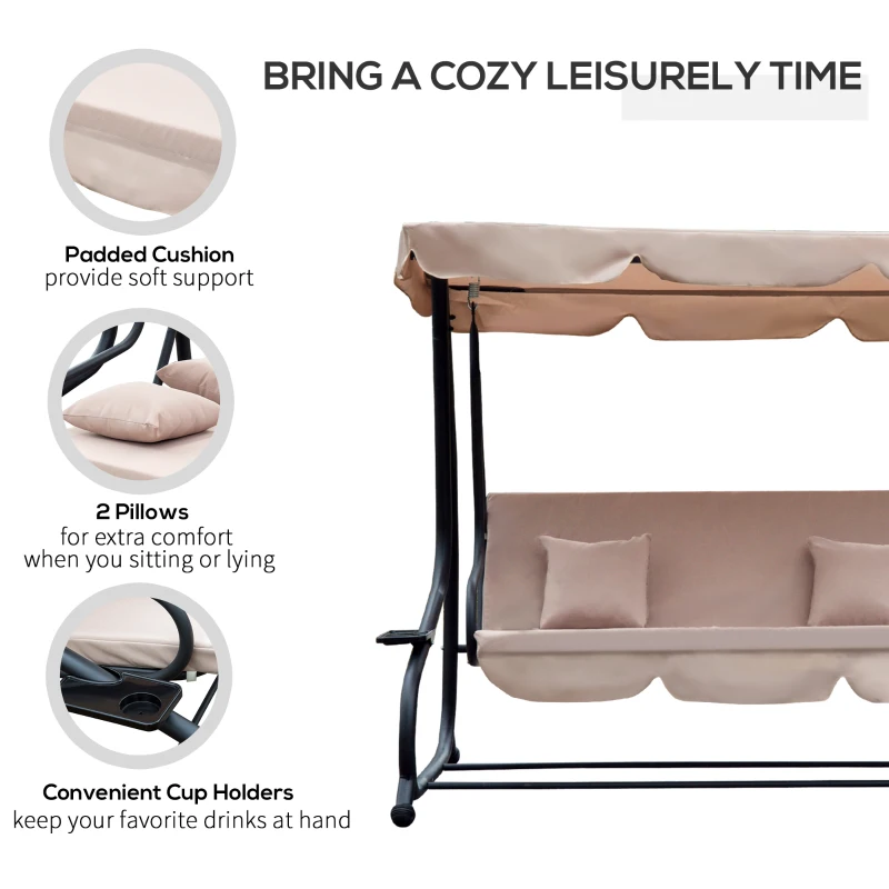 Outsunny Water Resistant Fabric 3-Seater Swing Chair w/ Cup Holder Beige