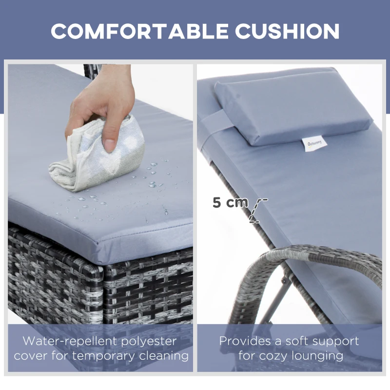 Outsunny 2 Seater Rattan Sun Lounger Set with Side Table-Grey