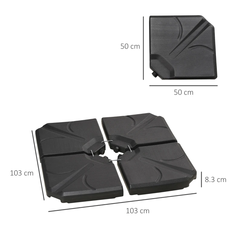 Outsunny 4 bucati baza de umbrela din plastic HDPE, umpluta cu apa si nisip pana la 18 kg, 103x103x8,3 cm, negru