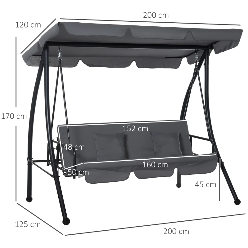 Outsunny 2-in-1 Patio Swing Chair 3 Seater Hammock Cushion Bed Tilt Canopy Garden Grey